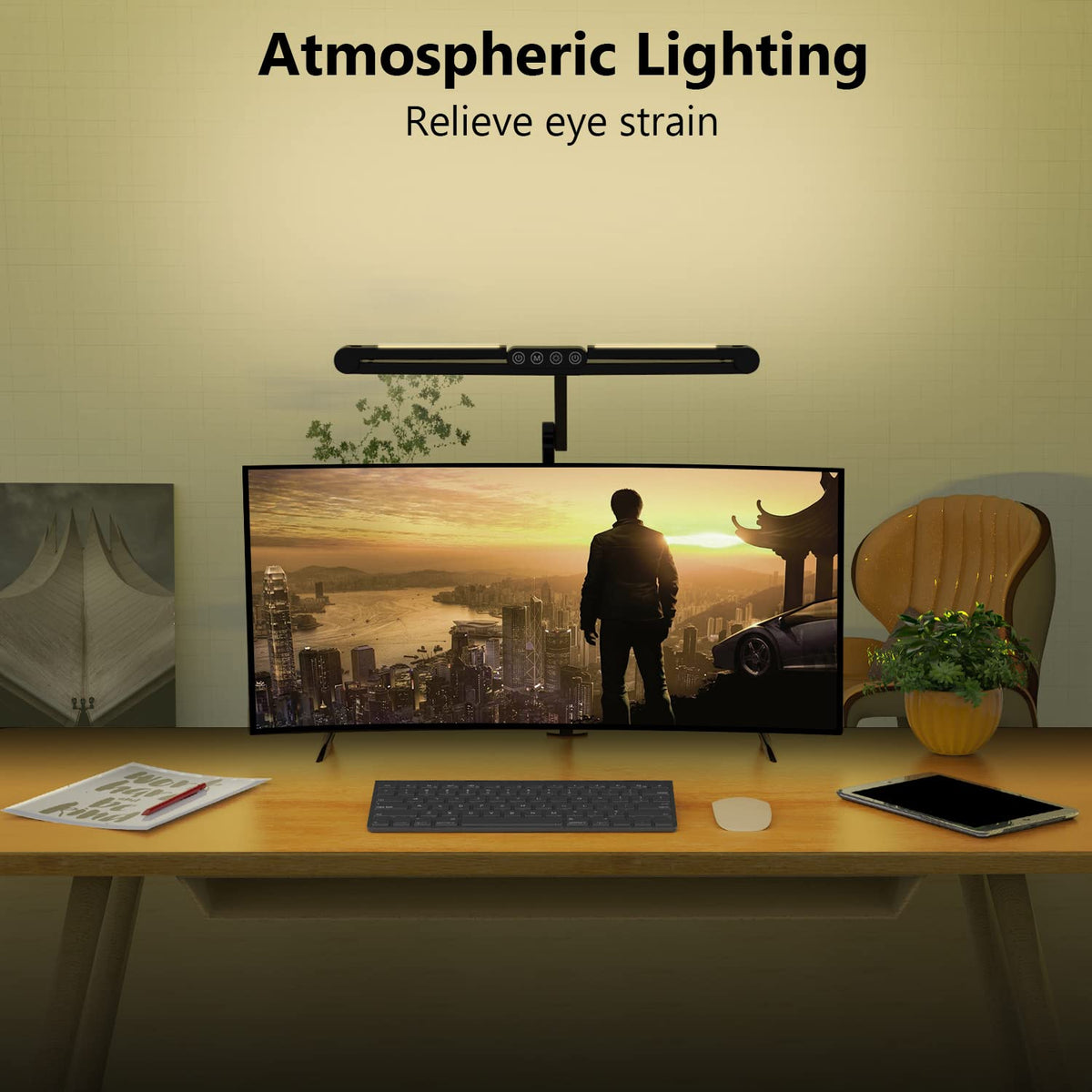 Micomlan Led Desk Lamp with Clamp, Architect Desk Lamp for Home Office with Atmosphere Lighting, 24W Ultra Bright Auto Dimming Computer Light Stepless Dimming and Tempering LED Table Light