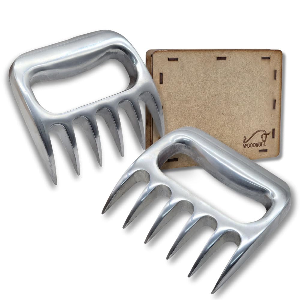 WOODBULL Premium Aluminum Polished Bear Claw Set Meat Shredder, Meat Shredder Claws for Pulled Pork, Chicken BBQ, Turkey, Kitchen Smoker Tool for BBQ Grilling, With Stylish Gift Box