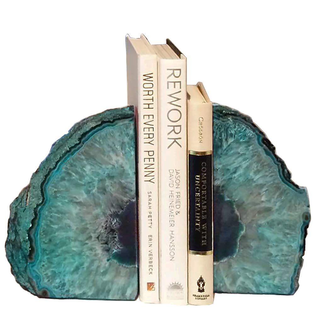 AMOYSTONE Agate Geode Bookends Heavy Duty Stone Book Ends Decorative Bookend Holder Home Office Decor with Rubber Bumpers Teal 1 Pair, 2-3 LBS