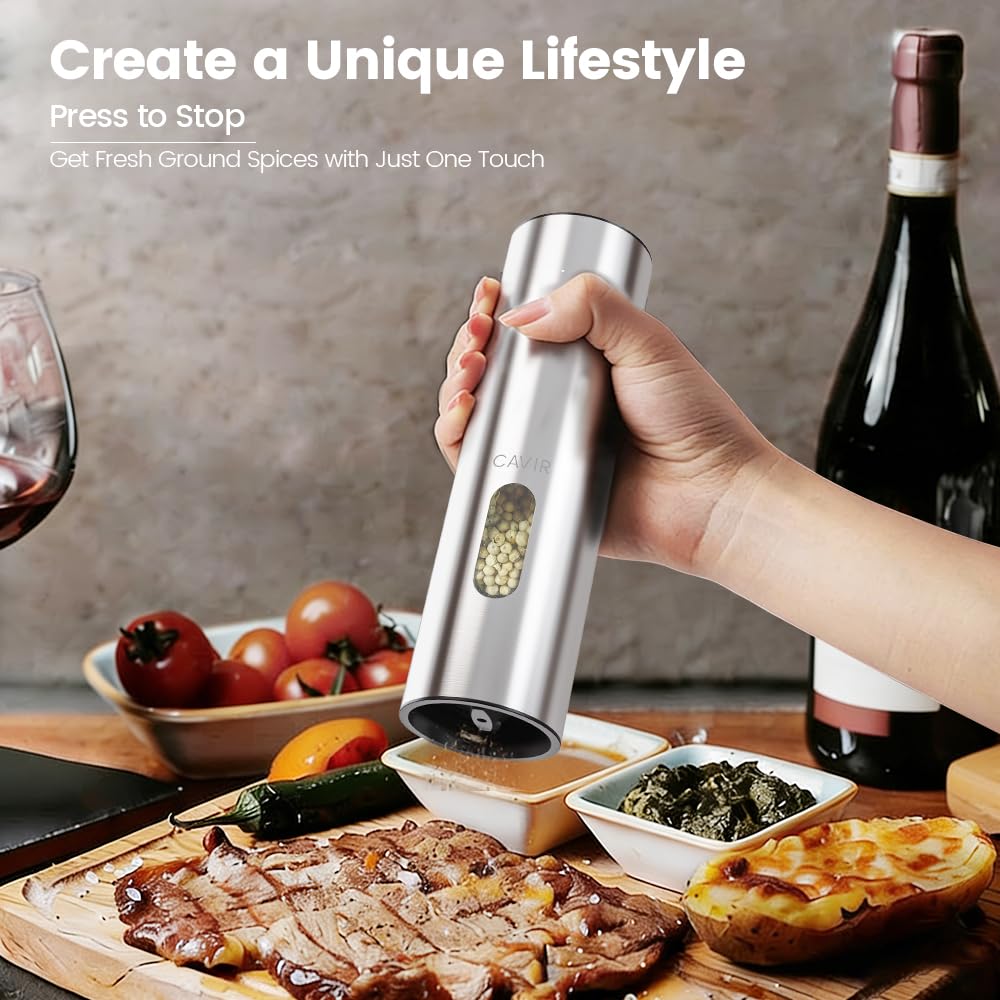 Cavir Electric Salt and Pepper Grinder Set with Charging Base,Upgraded Large Capacity, Automatic Salt and Pepper Mill Set LED light & 6-Level Adjustable Coarseness, Ideal for Home Kitchen BBQ