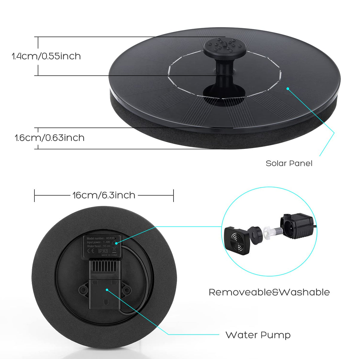 Mademax Solar Bird Bath Fountains, Upgrade 1.4W Solar Fountain Pump with 8 Nozzles & 4 Brackets, Free Standing Floating Solar Powered Water Fountain Pump for Bird Bath, Garden, Pond, Pool, Outdoor