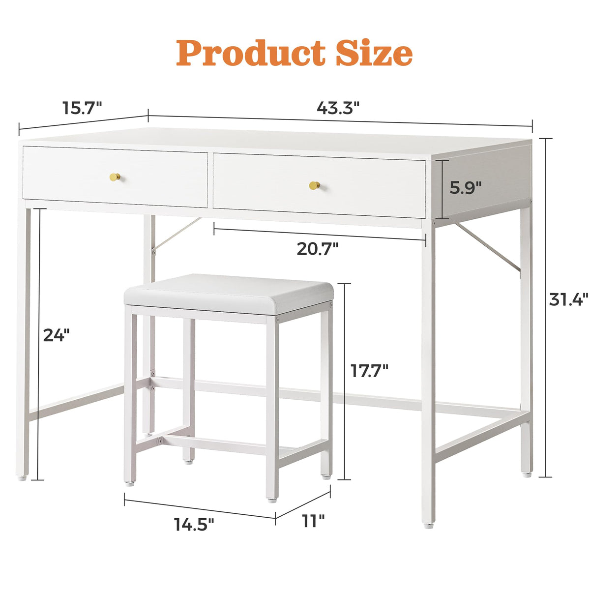 SUPERJARE 43-inch White Desk with 2 Drawers and Padded Stool, Modern Makeup Vanity & Computer Desk with Storage for Home Office, Bedroom Study