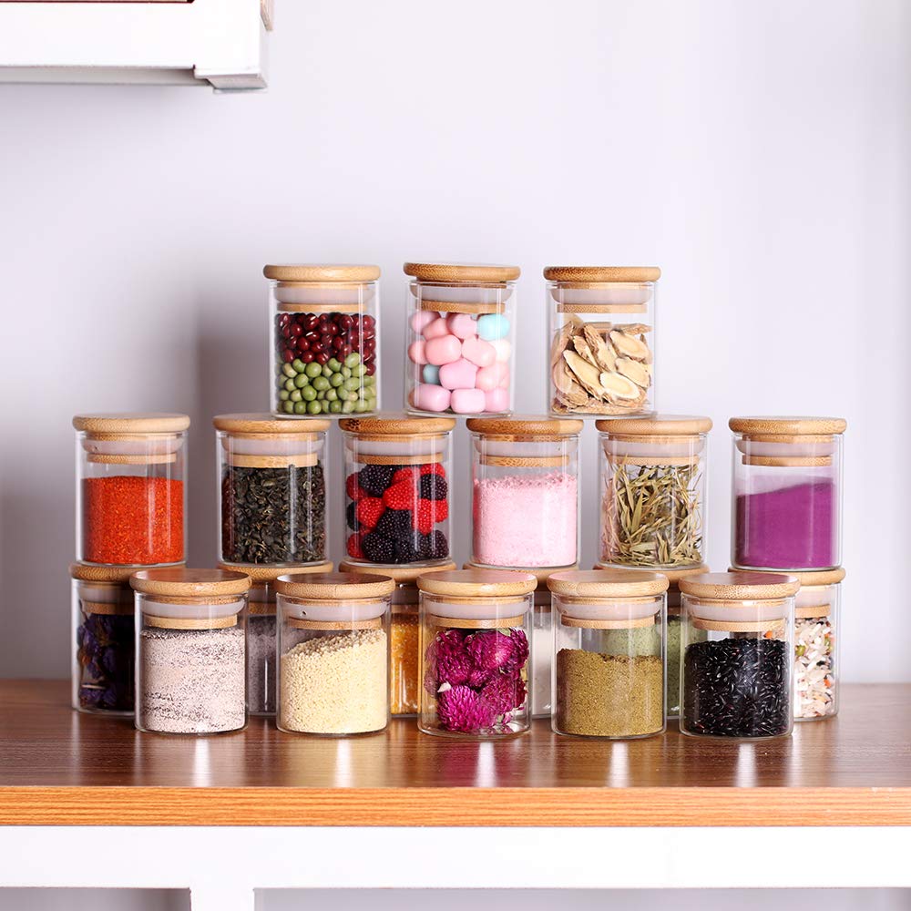 Tzerotone Spice Jar Set,2.5oz 20 Piece Glass Jar with Bamboo Airtight Lids and Labels, Mini Clear Food Storage Containers for pantry, kitchen canisters for Tea, Herbs, Sugar, Salt, Coffee
