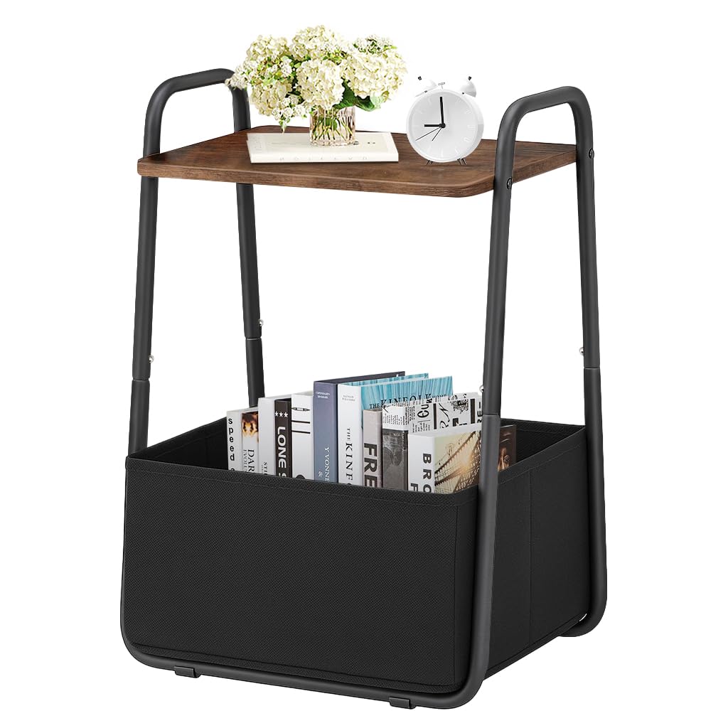 Rustic Brown Metal Frame Nightstand - Small Side Table with Fabric Storage Basket and Handle - Ideal for Bedroom & Living Room & Dorm