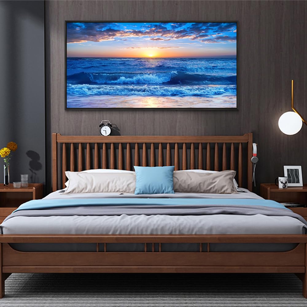 Wapluam Canvas Wall Art - Large Blue Ocean Beach Wall Painting for Living Room, Bedroom, Office - Framed
