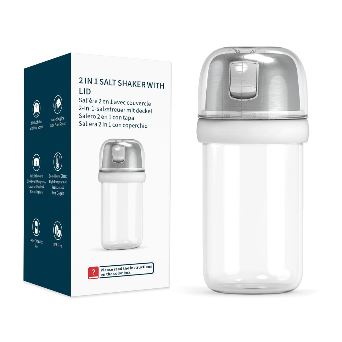 KTCHENDAO 2 in 1 Glass Salt Shaker with Side Pour Spout, Built-in Lid to Slow Down Dampness with Mearsuring Marks, Elegant Borosilicate Glass Salt Dispenser for Kitchen, BPA Free, 4oz (White)