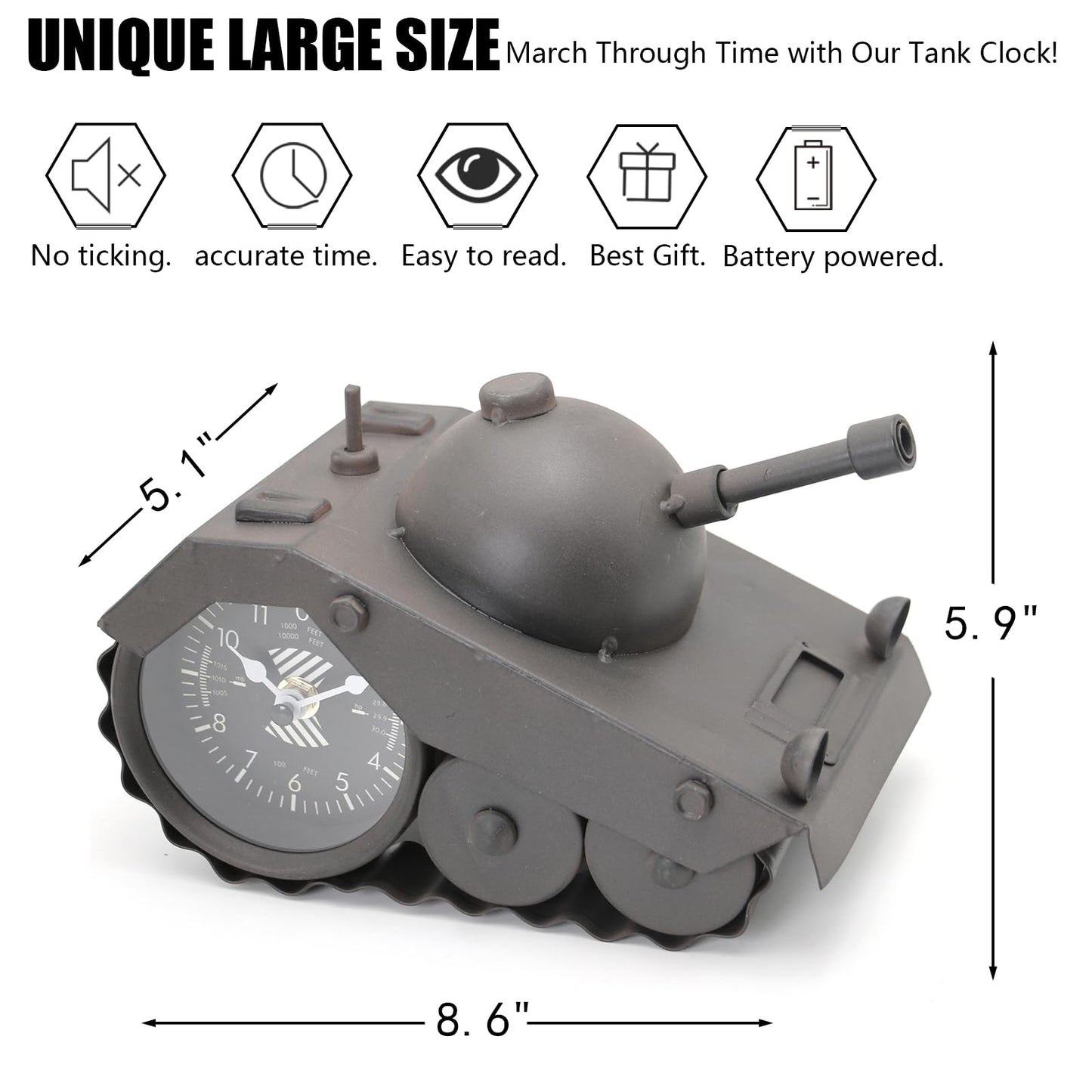 AOROTOE Army Tank Desk Clock for Men - Military Veteran Gifts, Silent Non-Ticking Metal Tank Sculpture, Man Cave Office Desk Decor Handcrafted 8.6×5.1 Inches