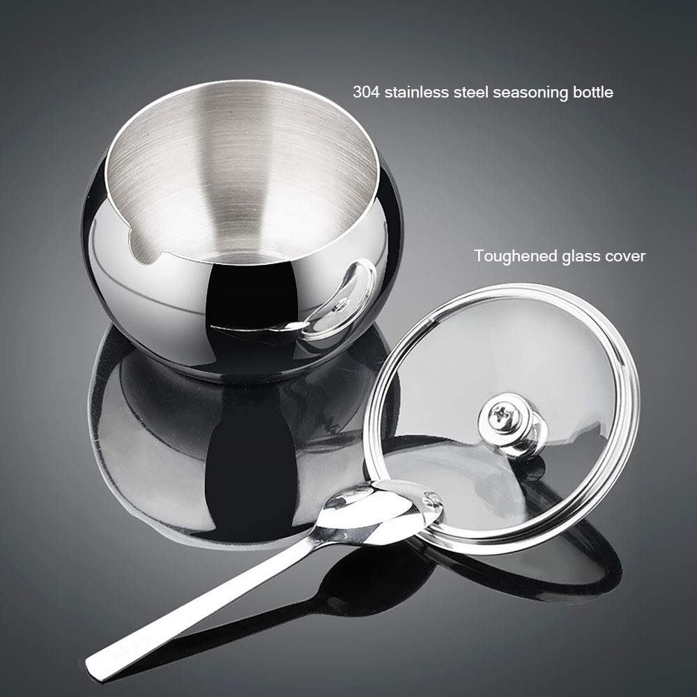 KEMIYIXIAN Stainless Steel Sugar Bowl with Lid and Spoon, Polished Shiny Condiment Pots for Serving Sugar Pepper Salt Spice- 330ml/ 11.6 Oz
