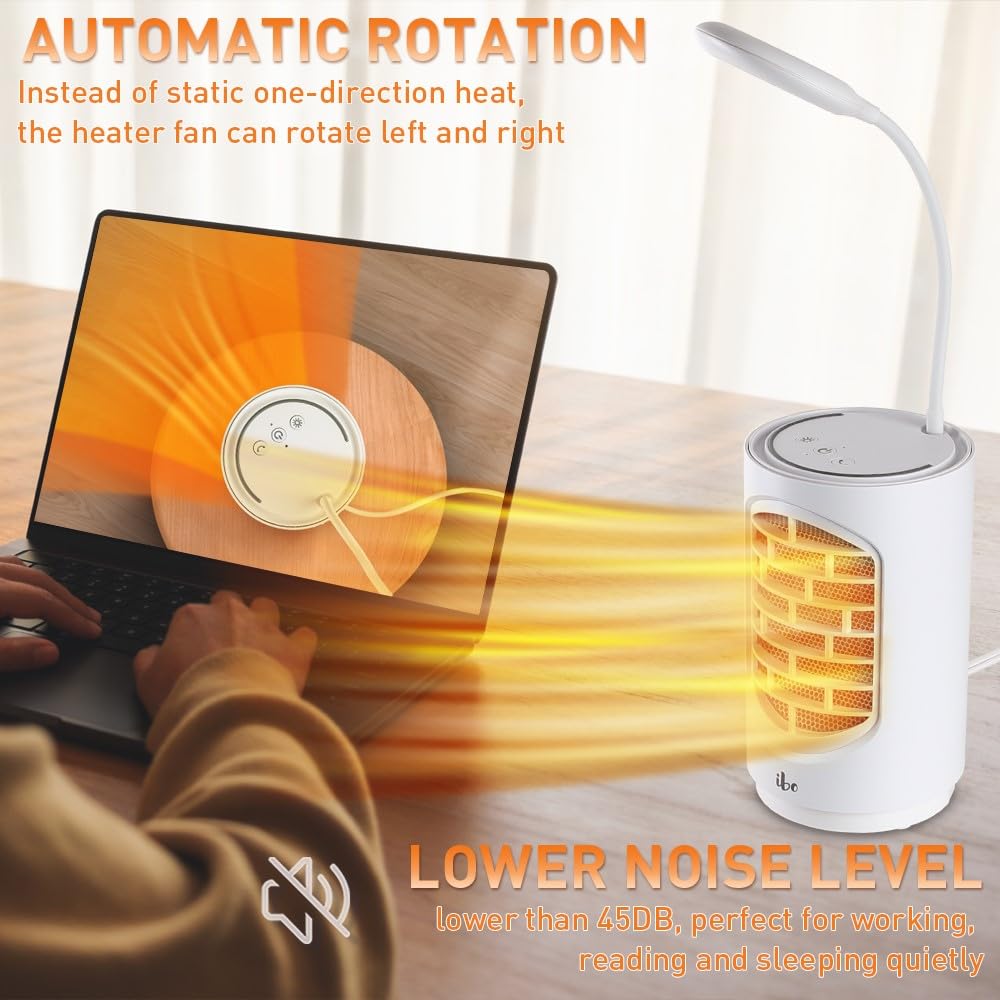 ibo Electric Space Heater Ceramic Small Heater with LED Light, 600W Heater Fan 4 in 1 Desk Heater for Home Office and Indoor