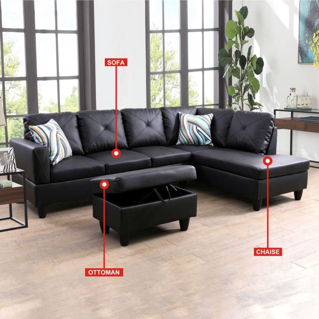 UOCFYK Black L-Shaped 3-Piece Faux Leather Sofa with Storage Ottoman Set, Sectional Couch Sofa Set for Living Room, Office, Small Space