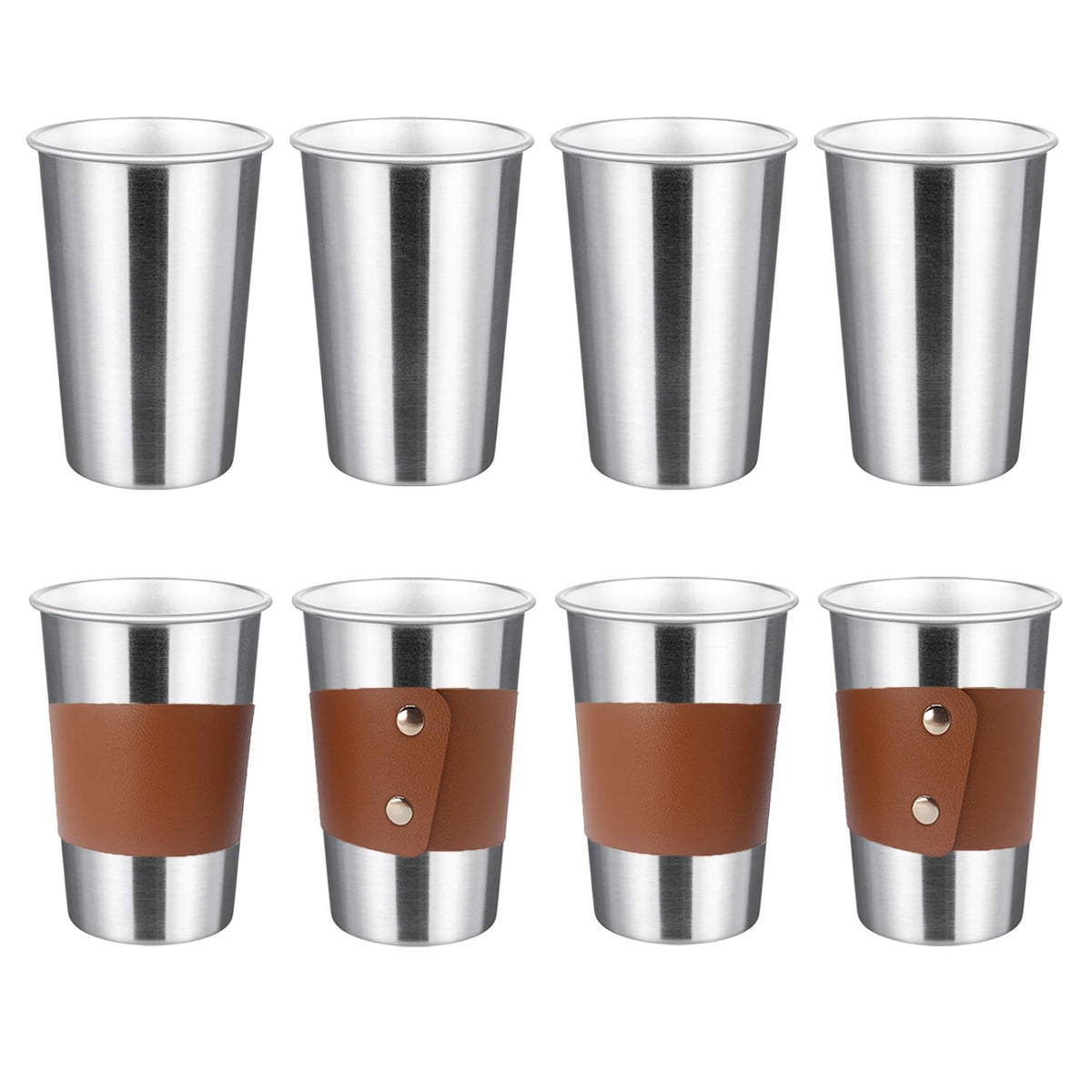 8 Pack 20oz Pint Cups with 4 Cup Sleeves, Stainless Steel Cups, Stackable Metal Cup Tumbler, Premium Metal Drinking Glasses for Cold Drinks, Chilling Beer Glasses for Party Camping (8 PCS, Silver)