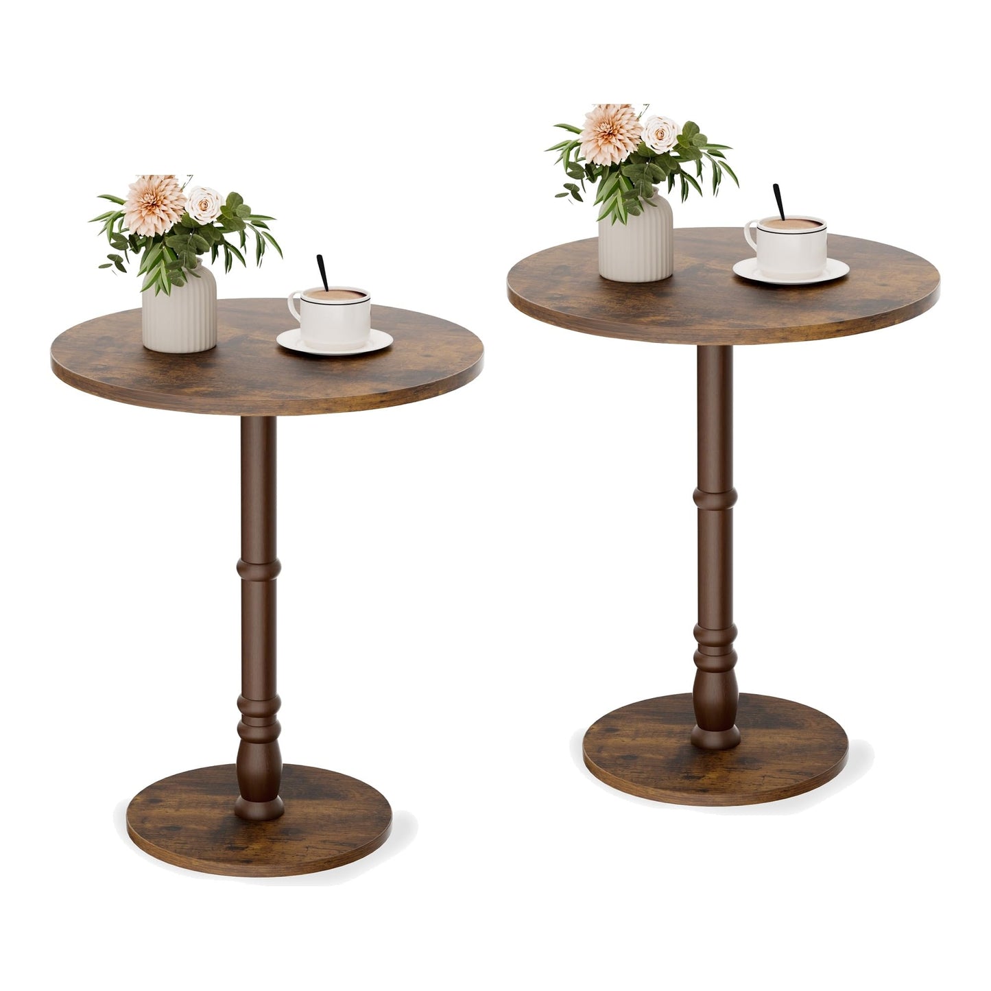 Homleke 16" Round Side Tables Set of 2, Solid Wood Pillar with Wood Top & Base, Small Drink Accent Table for Living Room, Bedroom, Sofa & Office, Easy Assembly, Rustic Brown