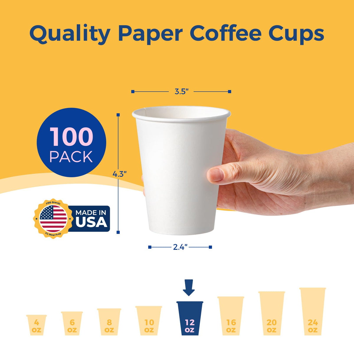 Fit Meal Prep 100 Pack 12 oz Disposable Paper Coffee Cups, Premium Hot Cups for Hot/Cold Beverage, Durable Thickened White Paper Cup Bulk for Party, Office, Bussines, Cafes, Bistros, Daily Use