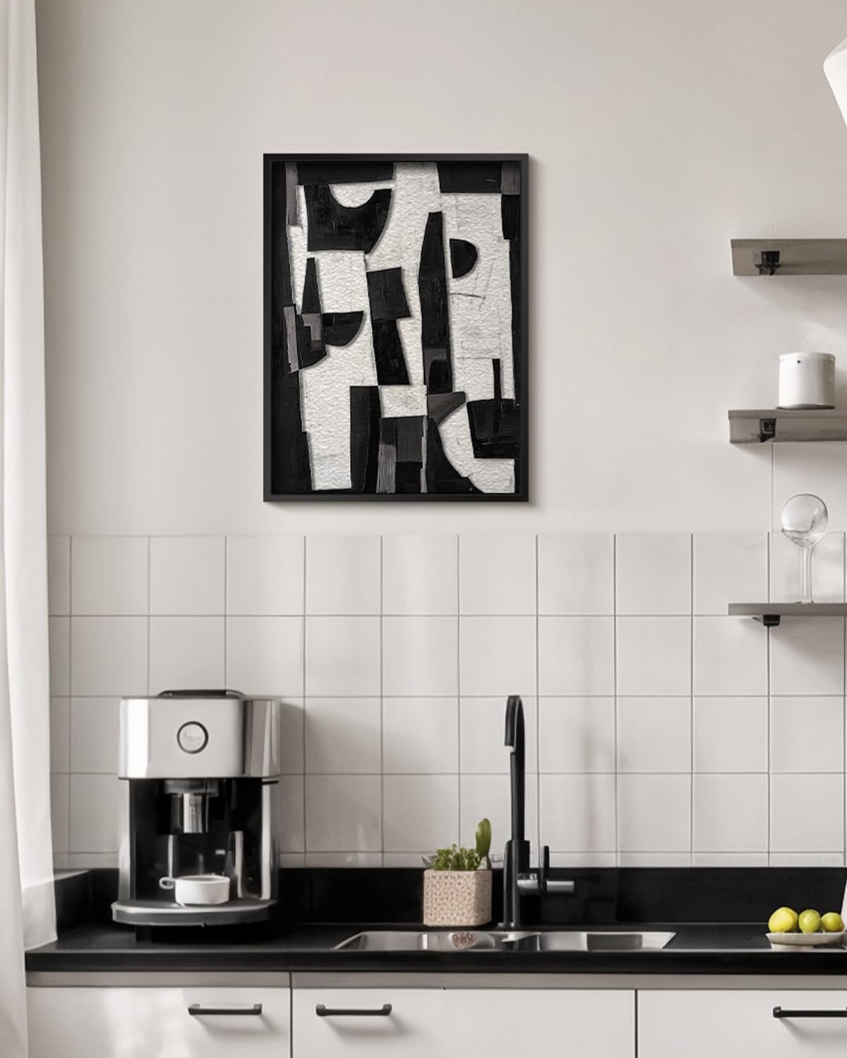 Modern Black White Abstract 3D Stacked Double-Panel Sandstone Wall Art, 12x16 Geometric Design Metal Frame Minimalist Wall Hanging, Contemporary Room Bedroom Scandinavian Office Gallery Decor