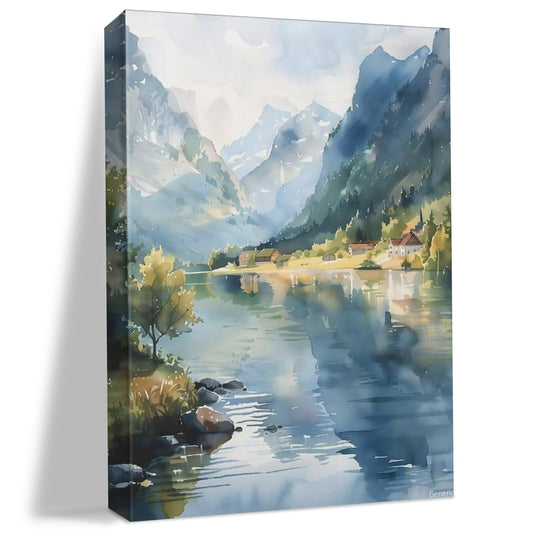 Watercolor Painting The Fjords Norway Print Scandinavian Mountains Wall Art Norwegian Home Decor Poster Canvas Poster Wall Art Print Frame 8x10inch 20x25cm