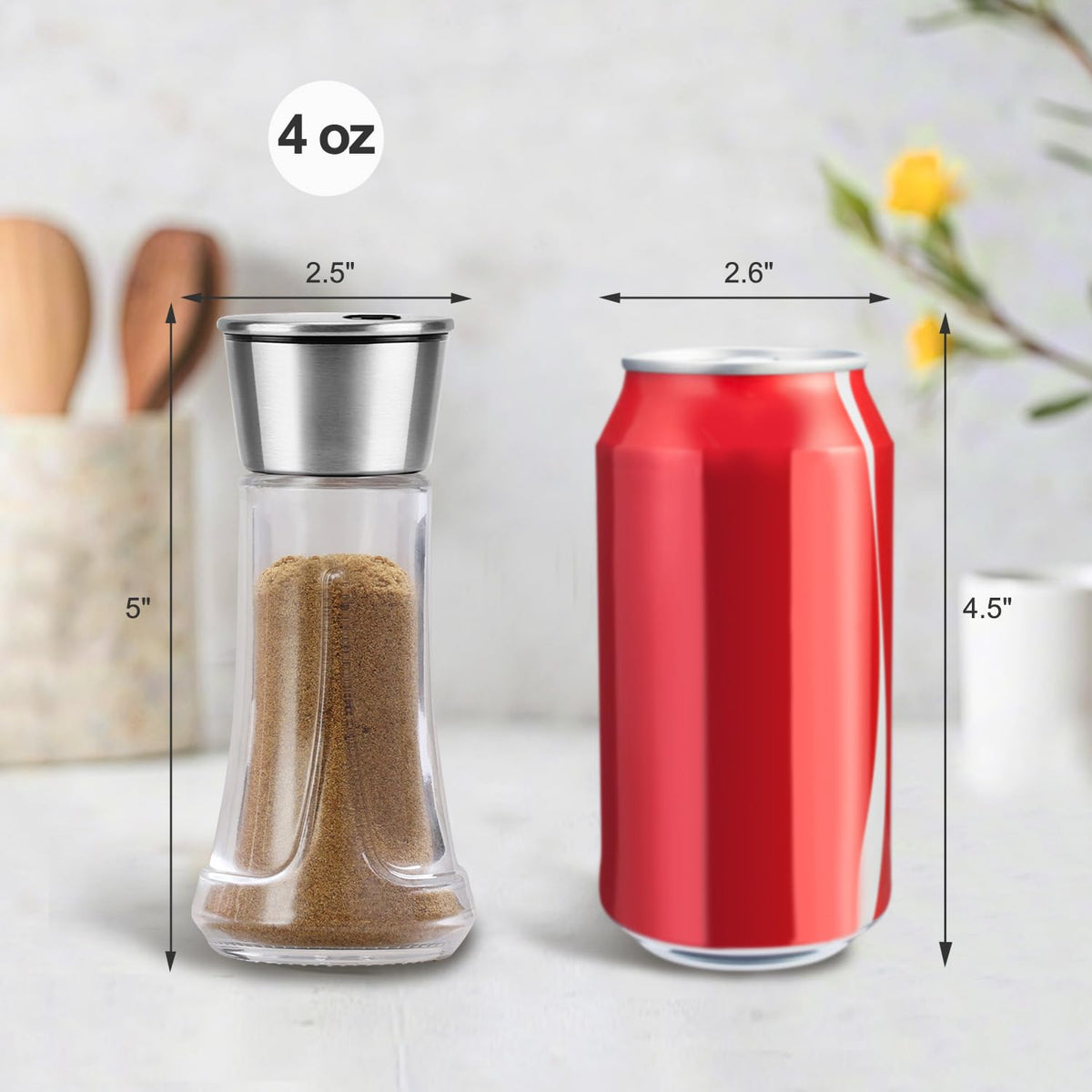 Adjustable Salt Pepper Shakers Glass - 4 OZ Spice Dispenser with Stainless Steel Lid for Kitchen, Cooking & BBQ Use