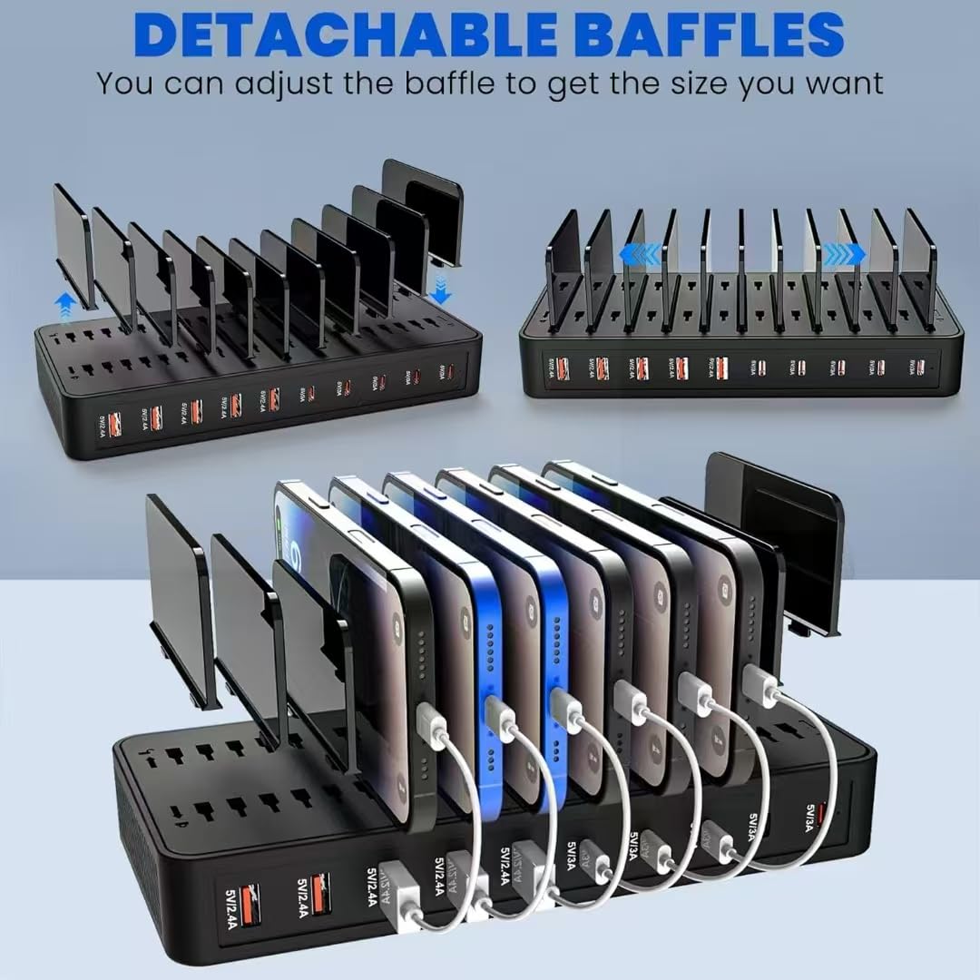 Haioulun 100W 10-Port Smart Charging Station | 5 USB-A & 5 USB-C Ports | Organized Design for Cellphones, Tablets, Watches & More (Black)