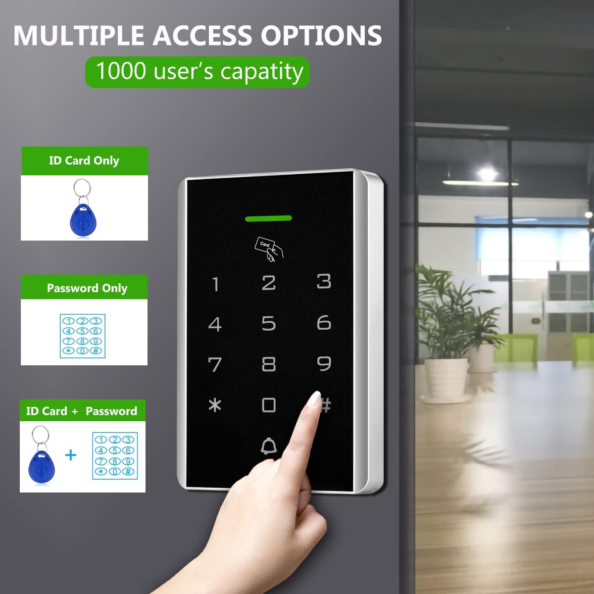 Door Access Control Keypad, 125KHz Proximity ID Card Access Control System, Support 1000 Users Door Access Control, Stand-Alone Keypad + 5PCS Keychains for Entry Access Controller Gate Opener
