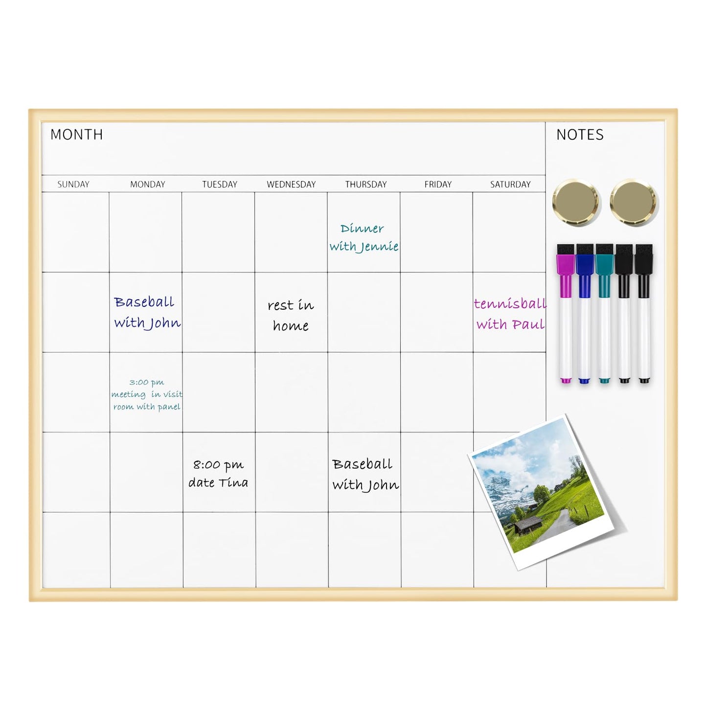 Magnetic Monthly Calendar Whiteboard, 17'' x 13'' Dry Erase Calendar for Wall Office School Home, Gold Wooden Frame