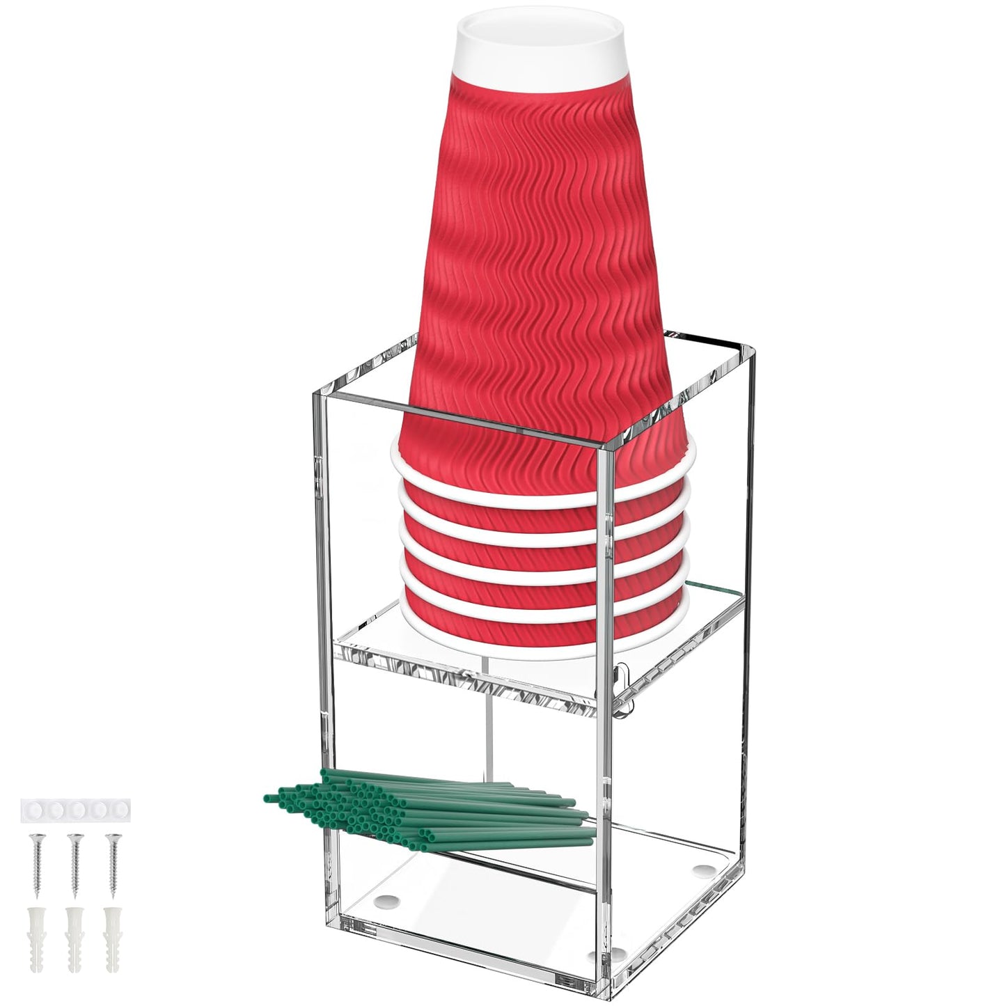 Kucle 2-Tier Coffee Station Organizer for Countertop, 2 Compartments Clear Acrylic Cup and Lid Holder Tea Condiment Storage Upright Coffee Bar Organizer Pod Dispenser for Office Breakroom Home Kitchen