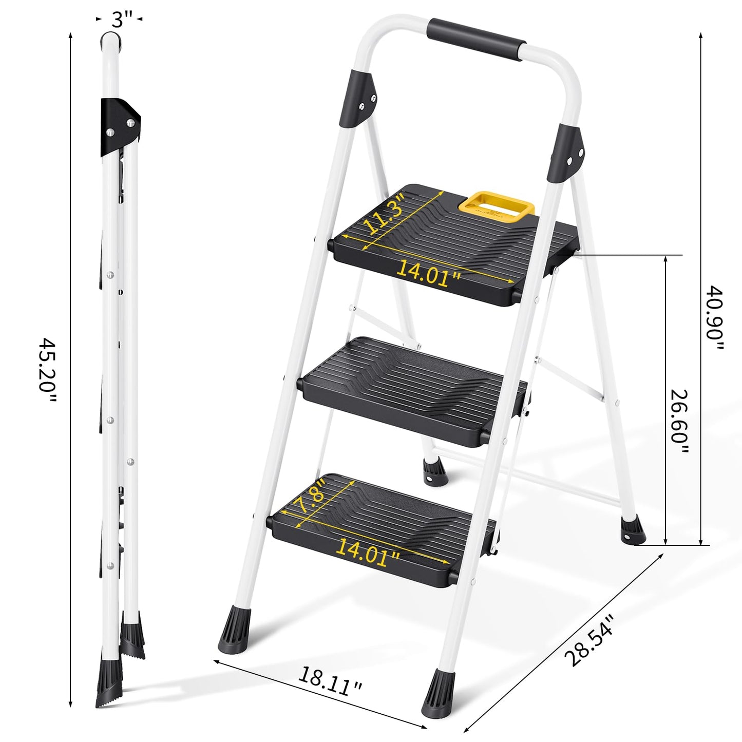 KINGRACK 3 Step Folding Ladder, 800lbs Capacity Step Stool with Safety Lock, Non-Skid Wide Pedals, and Handrail, Lightweight, Household Ladder for Home, Kitchen, Pantry, Closets, and Office Use, White