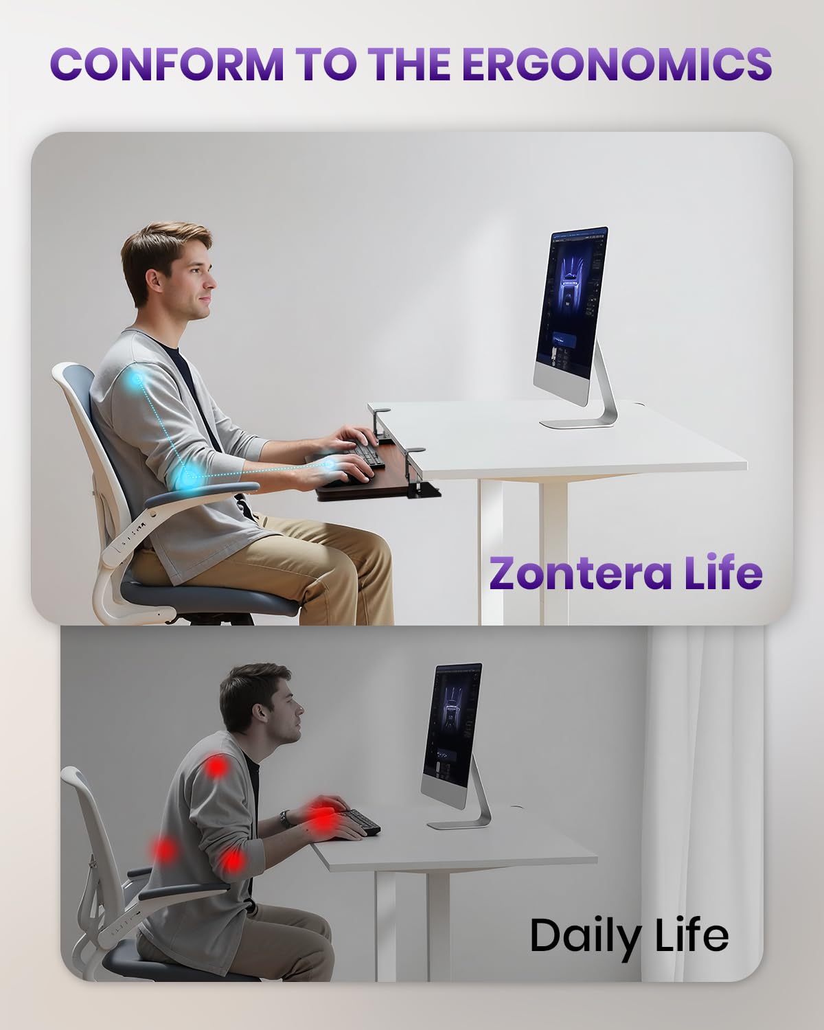 Zontera Ergonomic Keyboard Tray Under Desk, Pull Out with Adjustable C-clamp, 25.6 (31.5 Including Clamps) x 11.8 Inch Slide Out Computer Keyboard Drawer Mouse Tray for Typing, Large & Walnut
