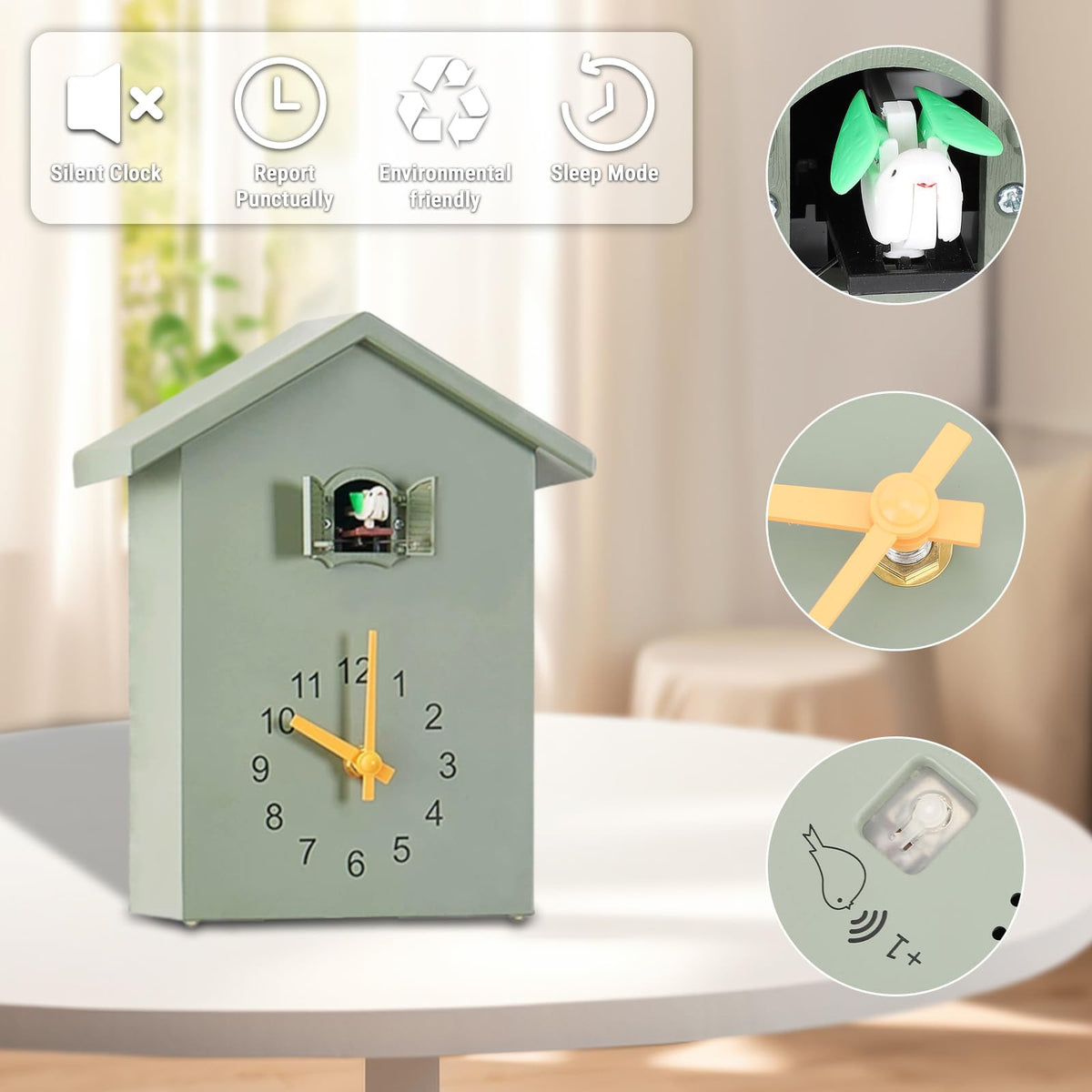 CHEOTIME Modern Cuckoo Clock, Bird House Design Wall Clock, Automatic Bird Call 6am to 9pm, Silent Movement, Decorative Pendulum Clock for Living Room Bedroom Kitchen Office