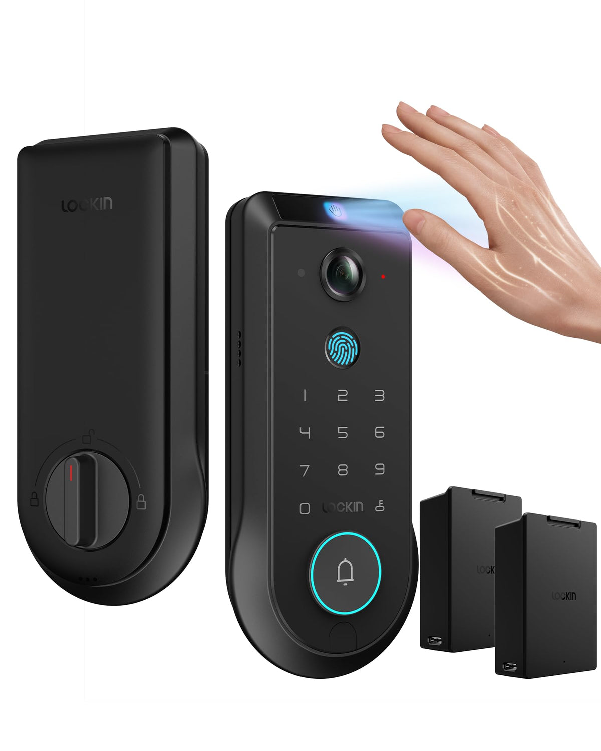 Lockin Veno Pro Smart Deadbolt Lock with Dual Swappable Batteries for 6-Month Extended Power, Palm Vein & Fingerprint Keyless Entry, Built-in Wi-Fi, Doorbell, App Remote Control, IP65 Waterproof