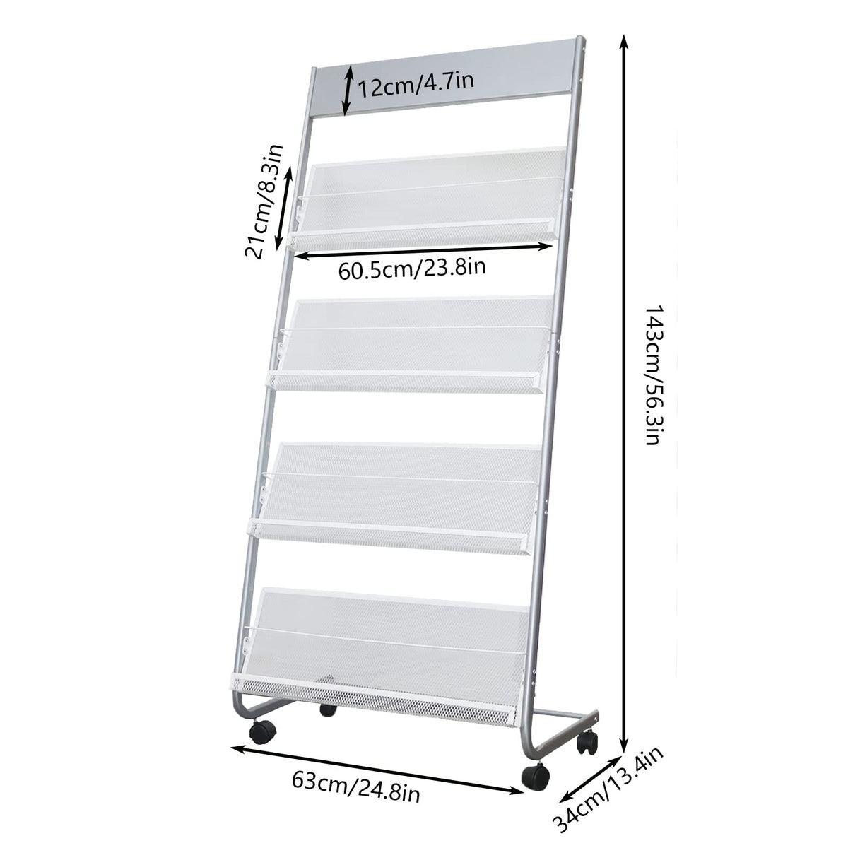 Vmsiuory 4-Layer Iron Magazine Rack with Wheels, Newspaper Rack, Display Rack, Silver (63)