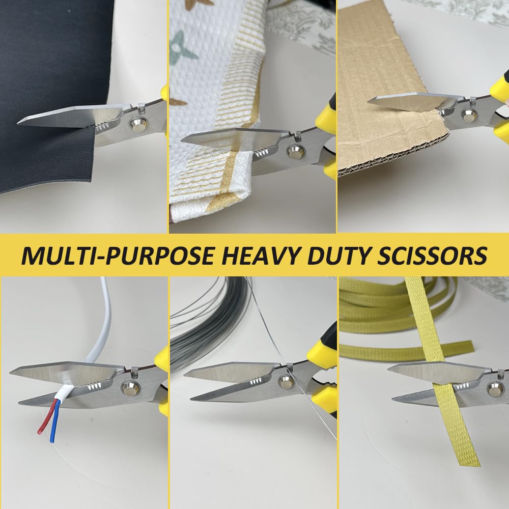 Heavy Duty Scissors, Sharp Scissors All Purpose Heavy Duty with Serrated Edge, Comfortable Non-Slip Handle, Easy Cutting Cardboard, Wires, Fabric, Leather, Iron Mesh (Yellow)