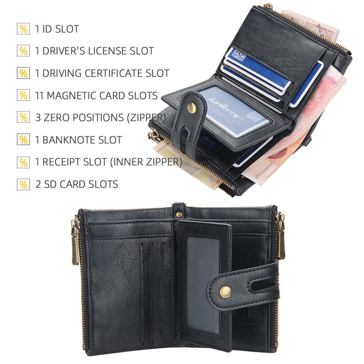 SUMGOGO Wallets for Men Bifold Leather Wallets with Chain RFID Blocking Double Zipper Coin Pocket Short Purse (Coffee)