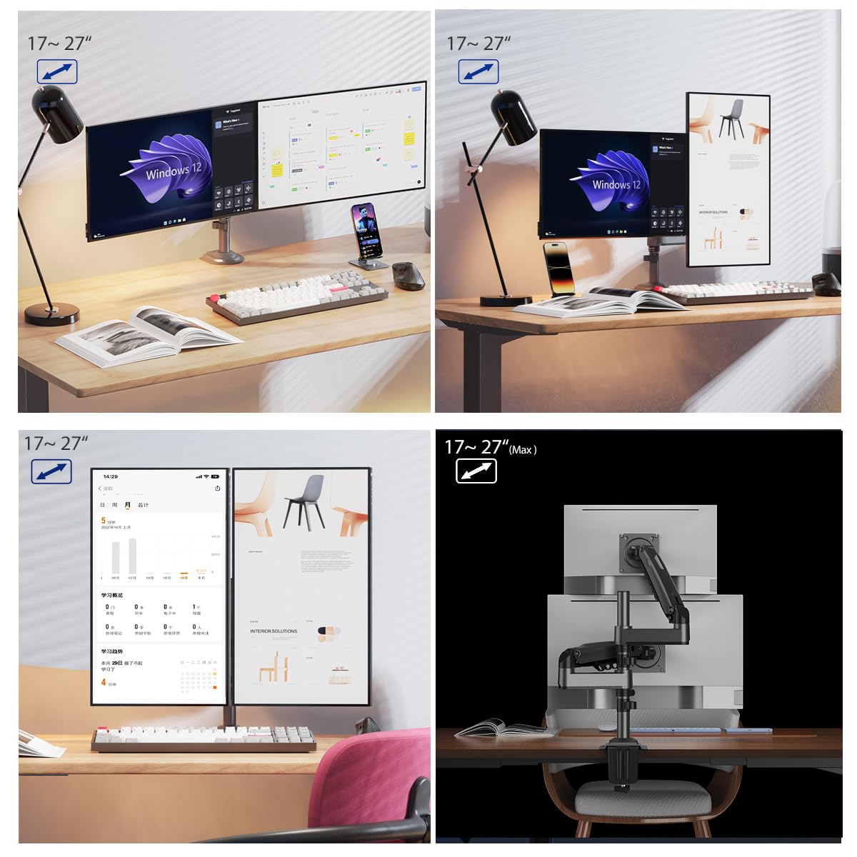 NB North Bayou Dual Monitor Desk Mount Stand Full Motion Swivel Computer Monitor Arm Fits 2 Screens up to 27'' with Load Capacity 4.4~19.8lbs for Each Monitor H180-G