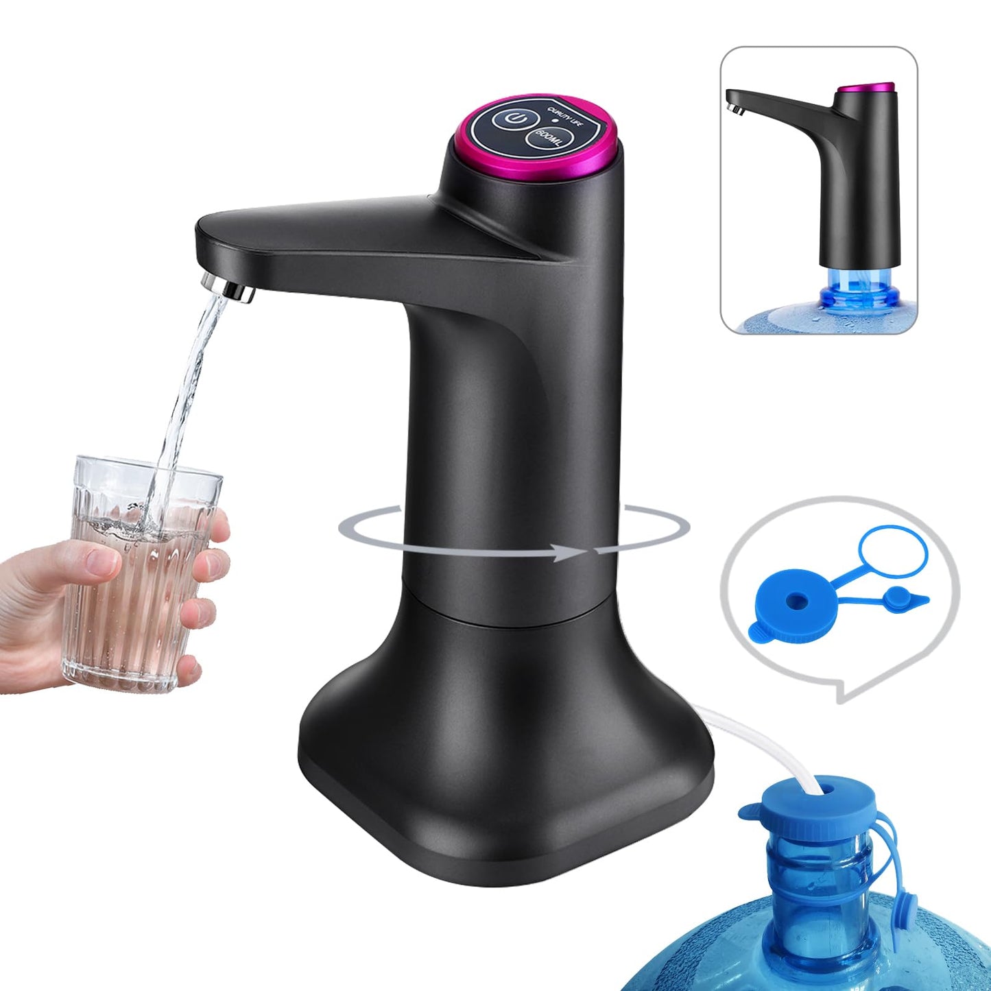 HiPiCok 5 Gallon Water Pump, Water Dispenser for 5 Gallon Bottle, USB-C Rechargeable Water Jug Dispenser, Portable Automatic Water Pump for Home, Black