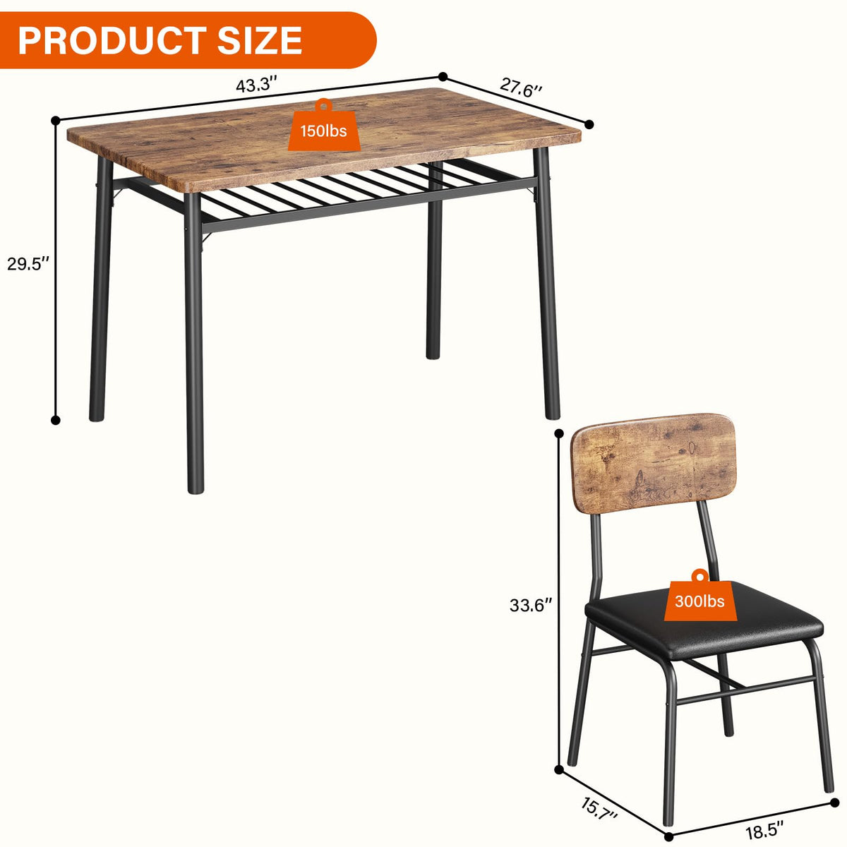 IDEALHOUSE Dining Table Set for 4 with Storage Rack, 5-Piece Kitchen Table and Upholstered Chairs of 4, Wood Tabletop & Heavy-Duty Metel Frame, Dining Room Set for Small Space, Apartment, Brown