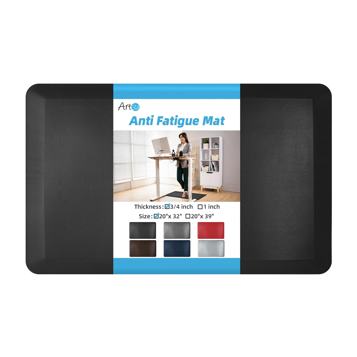 Art3d 3/4" Thick Kitchen Mats for Floor, Waterproof 20" X 32" Cushioned Comfort Mat, Anti Fatigue Mats for Kitchen, Ergonomic Standing Office Desk, Home and Garage, Black