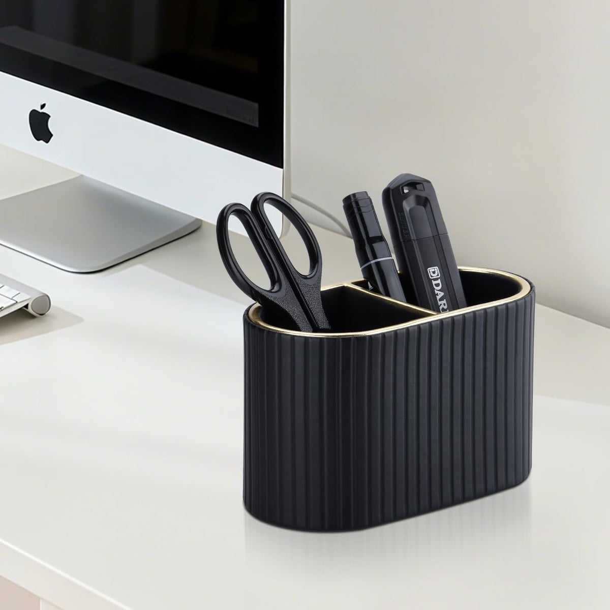 KINGFOM PU Leather Desk Organizer Pen Holder – Dual-Compartment Stylish Pencil Cup Remote Control Holder Desktop Supplies and Accessories Organizer Caddy for Office Home School (Black)