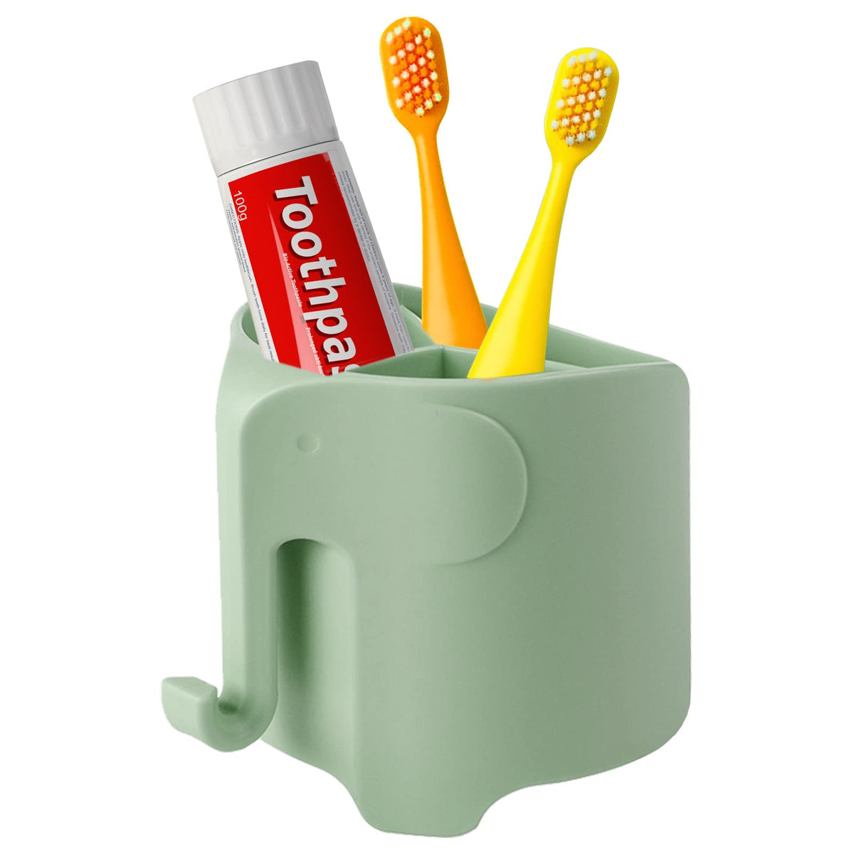 RyanLemon Elephant Toothbrush Holder for Kids,Cute Toddler Toothbrush Holder, Suction Cup Electric Toothbrush and Toothpaste Holder for Toddler with 3 Slots and a Hook for Hanging Bath Ball, Green