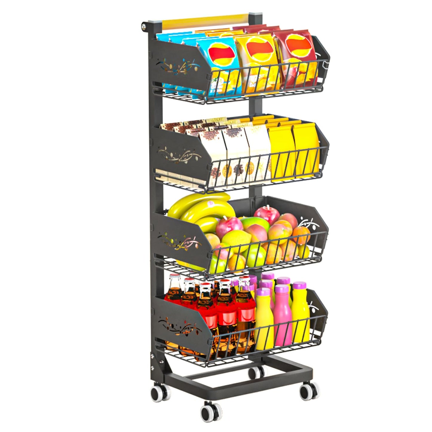 ANJUBAN Heavy 4-Tier Snack Cart with Wheels ，Removable Rolling Pantry Floor Organizers ，Upgraded Wider and Thicker, Kitchen Fruit Basket Stand and Storage Rack for Fruit Snack Onion Potato