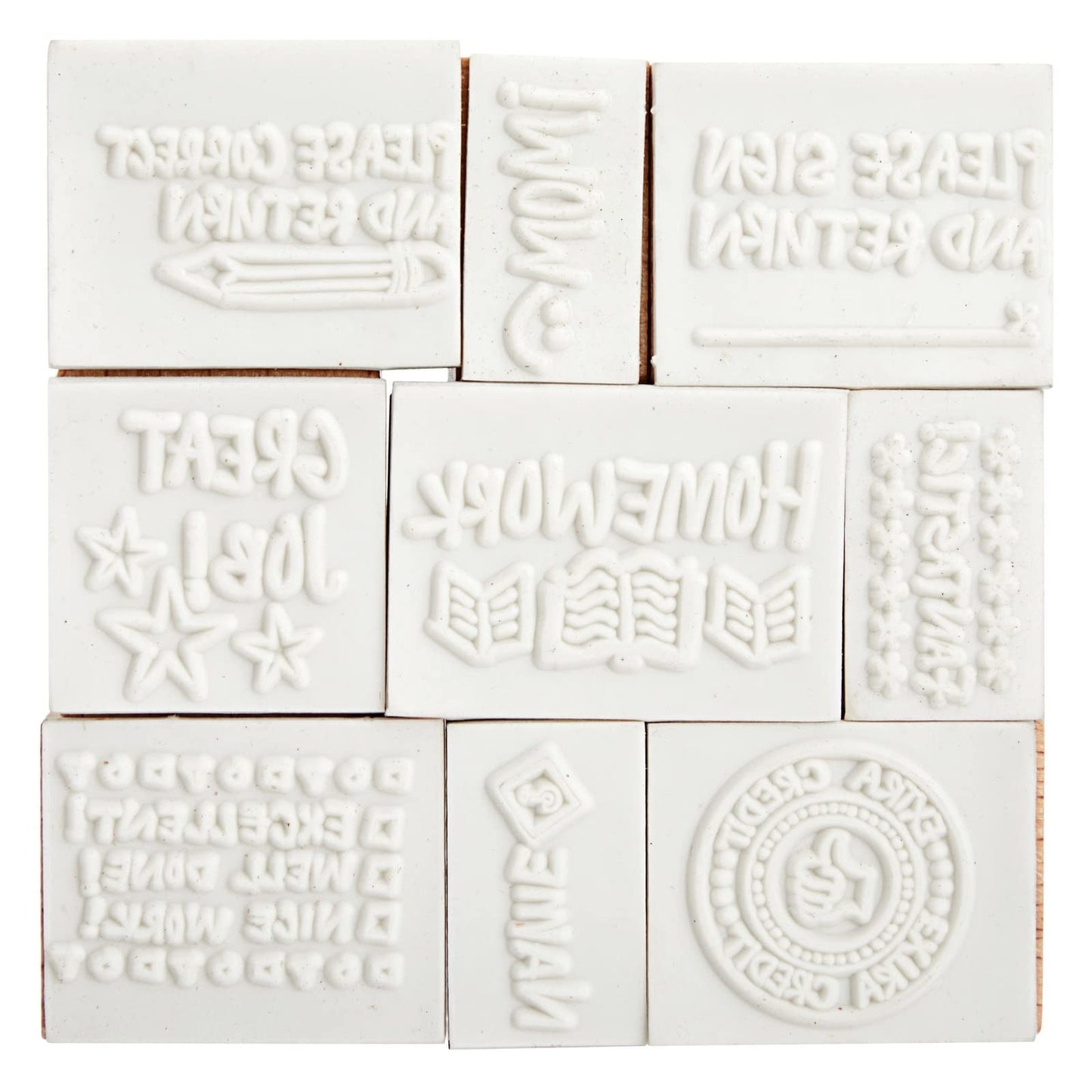 Blue Panda 9 Piece Set of Wooden Rubber Teacher Stamps - Classroom Supplies for Grading Homework and Teacher Supplies (Assorted Sizes Rubber Stamps)