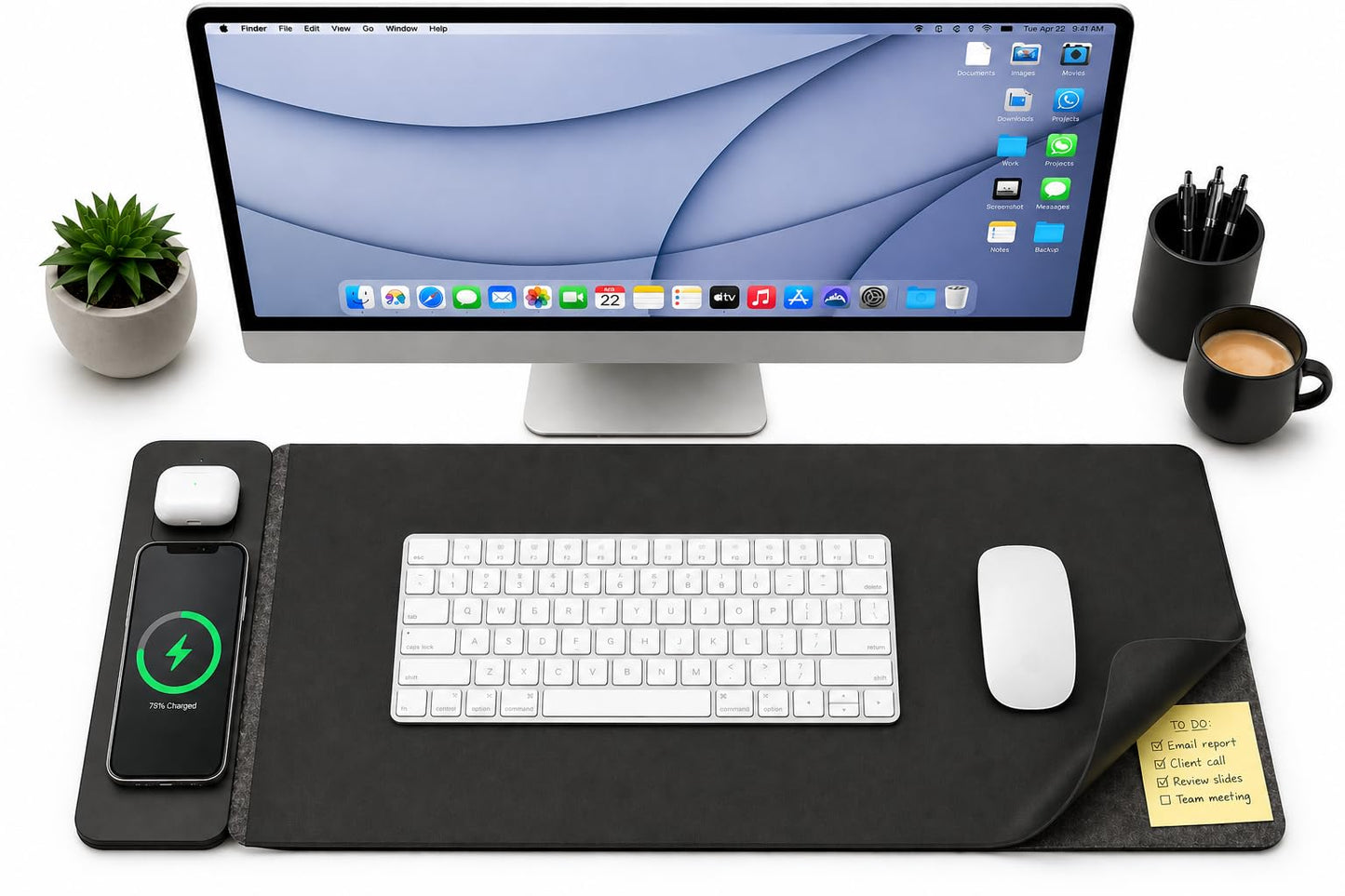 Triple C Tech Wireless Charging Desk Mat – 15W MagSafe Compatible & Qi Fast Charger, Detachable Magnetic Charger, Dual-Layer Vegan Leather with Hidden Felt Storage, 30.7" x 14.6", Black