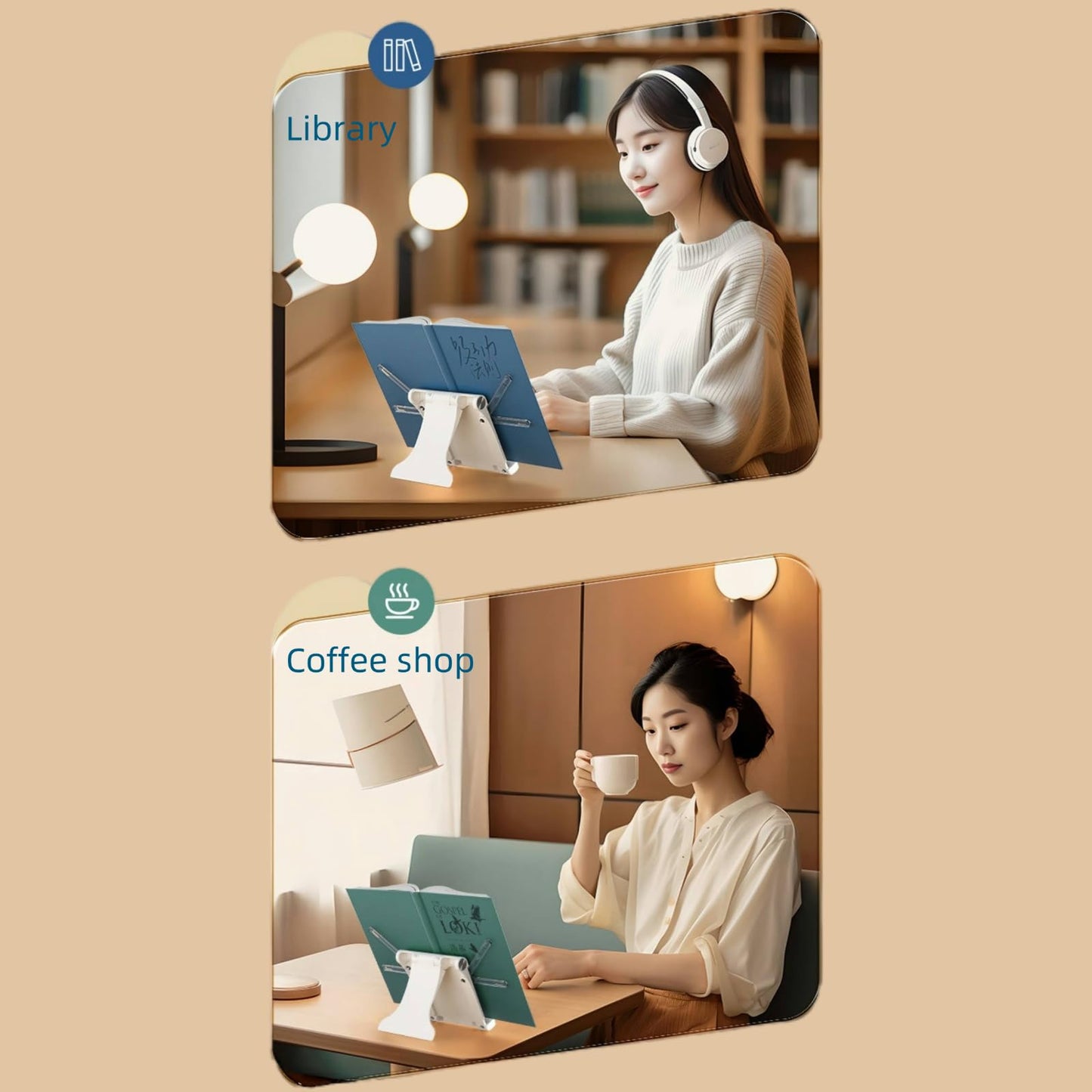 Travel Mini Book Holders for Reading Hands Free - Portable and Adjustable Book Stand for Reading, Two-in-one (Ideal for Light Books & Tablets – Not for Heavy Hardcovers | White)