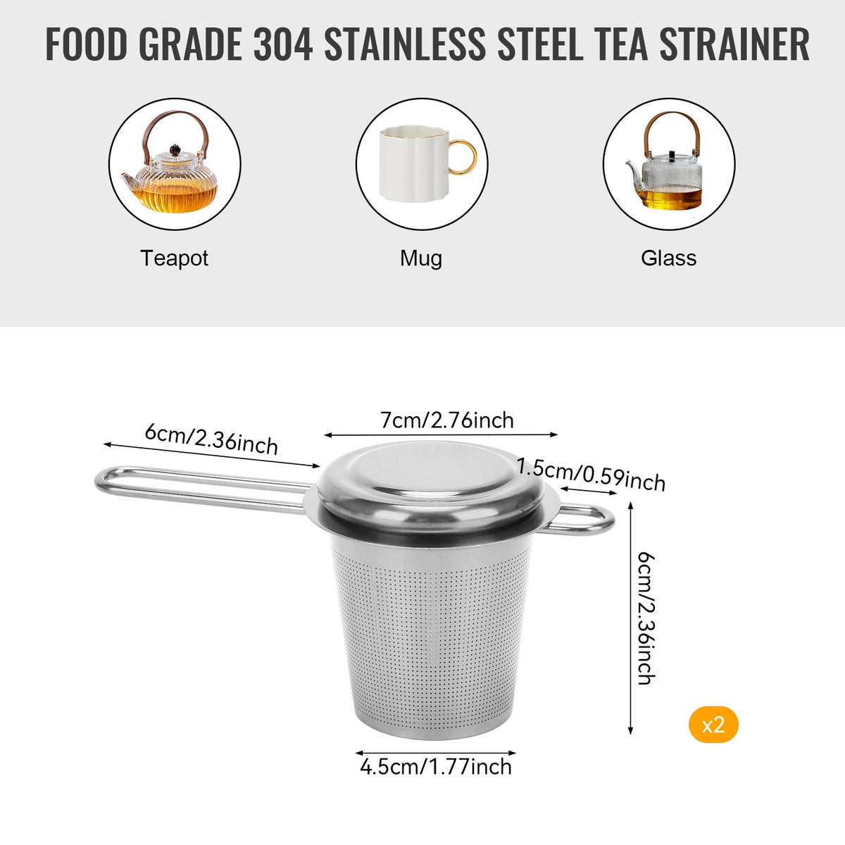 2pcs Tea Diffuser, Stainless Steel Tea Strainer Fine Mesh Tea Infuser with Double Long Handles Loose Leaf Tea Steeper for Mugs Cups Teapots (Silver)