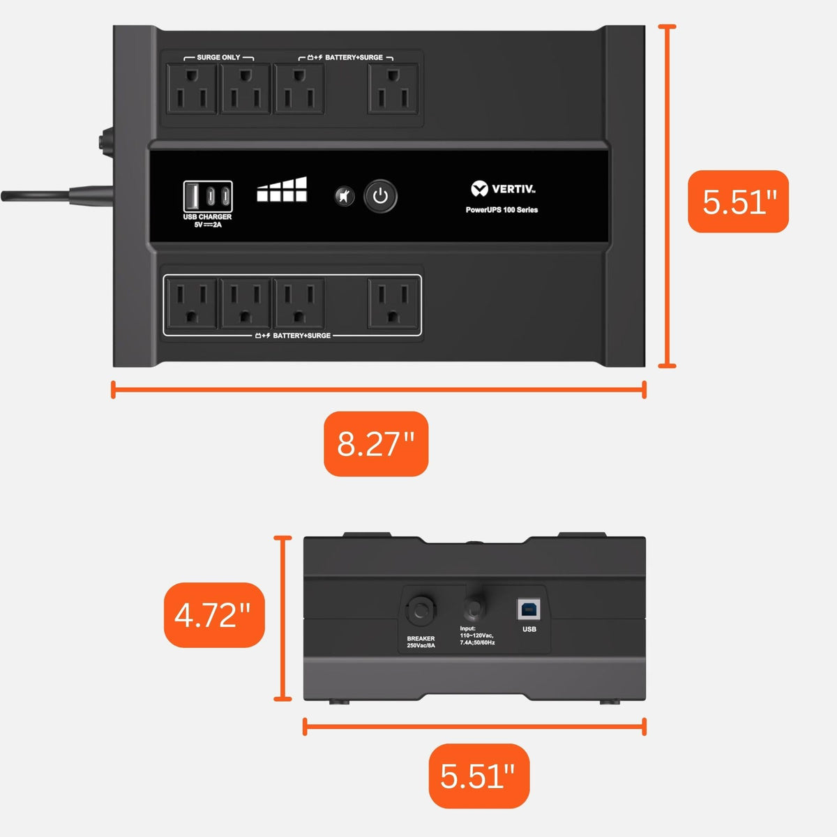 Vertiv Liebert PowerUPS 100 UPS, PST6-700LVMT, 700VA/425W 120V Standby Power, 8 Outlets, Battery Backup with Surge Protection, USB C+A Charging, 3 Year Warranty, User Replaceable Batteries