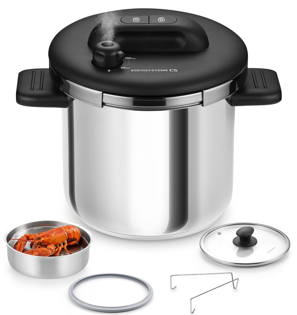 KOCH SYSTEME CS Stainless Steel Pressure Cooker 8.5QT, Olla de Presion, 18/10 Stainless Steel Pressure Cooker, Easy One-Press Lock, Stovetop Pressure Cookers, Induction Ready, Glass Lid & Steamer