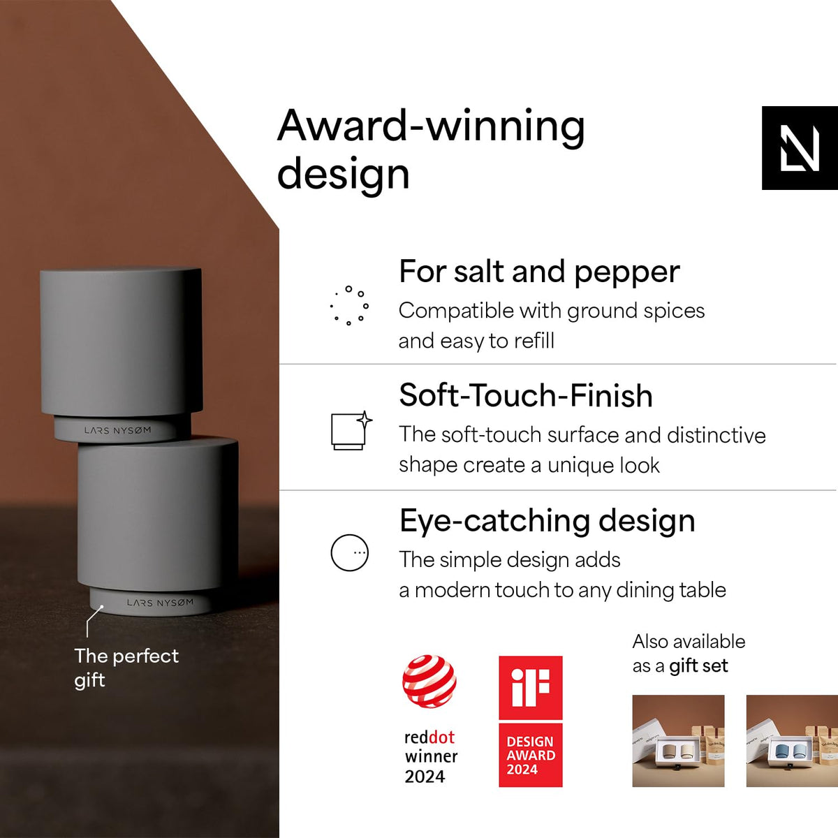 LARS NYSØM Mini Salt and Pepper Shakers Set | Stainless Steel Salt and Pepper Shakers with Modern Minimalist Design, Easy Refill, Small Size (Brown/Beige)