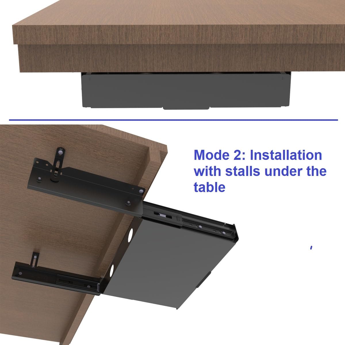 Mofangtech Under Desk Mounted Slide out Drawer, W 13.4" x D 9.3" Storage Organizer with Cable Management，Pull Out Add-On Storage for Office & Standing Desks with High Crossbar, Metal, Black (Medium)