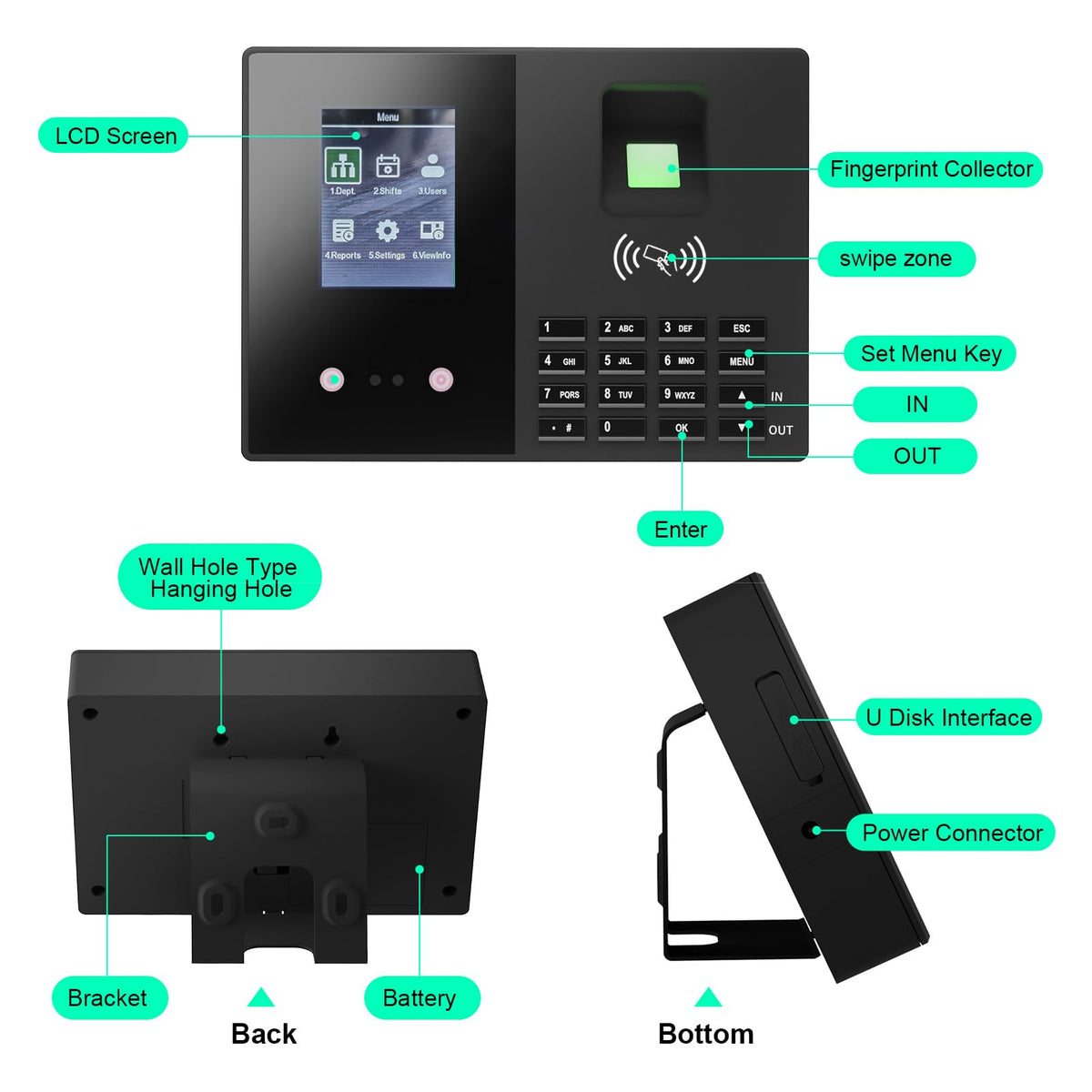 JIAN BOLAND Employee Time Clock, Fingerprint Badge Attendance Machine, 0 Monthly Fee Office Punch Clock for Small Business, 5 Badges Included - T200