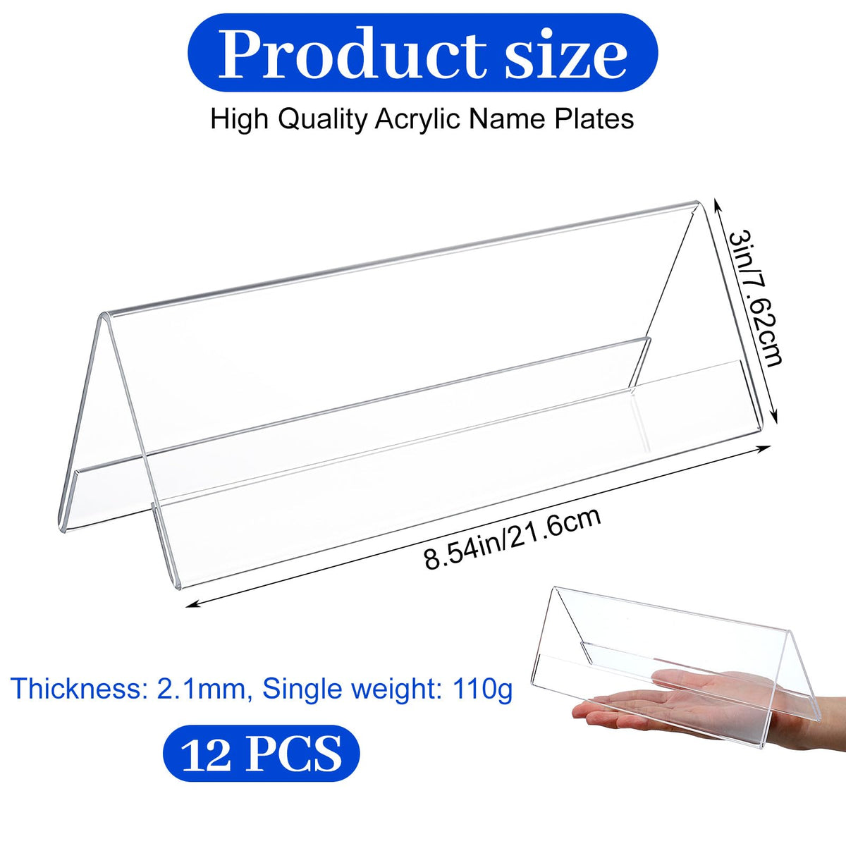12 Pack Acrylic Name Plates for Desks, 3x8.5 Clear Tent Nameplate Display for Office Conference, Thickness: 2.1mm, Single Weight: 110g Reusable Name Tent Holder for Business Event