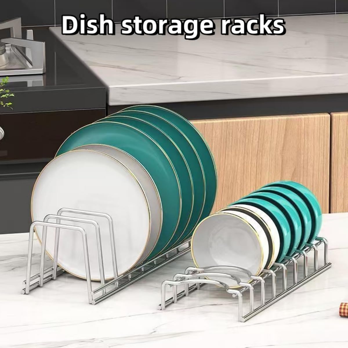 SHUTKMVCW Dish Rack Plates Holder 2 Pack set, Plate organizer for cabinet space saver, Pan lid organizer, Kitchen Storage Cabinet Organizer for Plates/bowls/cups/lids/cutting boards/spatulas