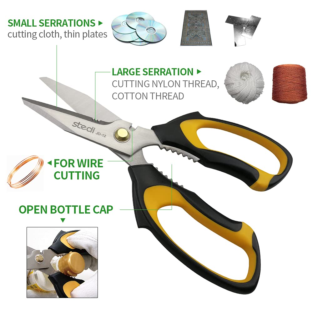Stedi Scissors Heavy Duty 8-Inch,Multipurpose Scissors,Sharp Stainless Steel Shears with Serrated Edge & Protective Cover,Non-Slip Handle,Easy Cutting Cardboard, Carpet,Leather, Fabric, Wires, Yellow